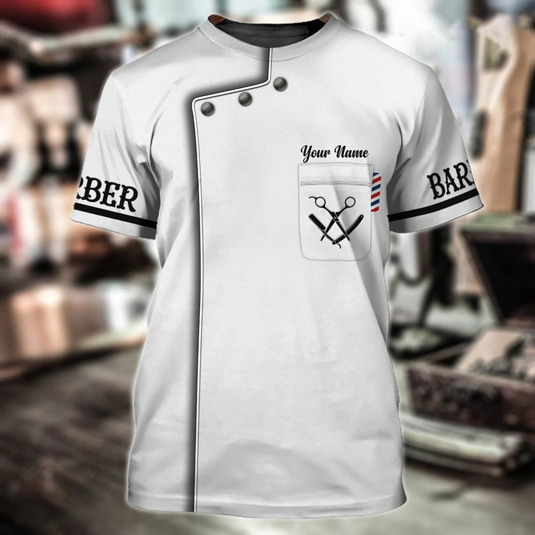 FUNSTUFFPRINT Custom With Name 3D White Barber T-Shirt, White Uniform Barber Shop, Barber Men Gift 3D T-shirt