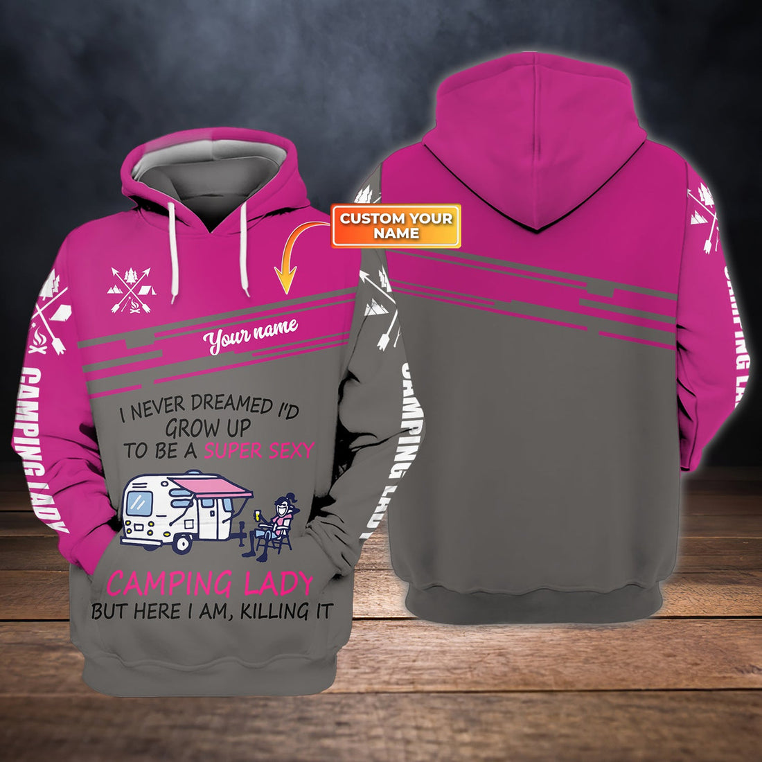 FUNSTUFFPRINT Camping Lady, Personalized Name 3D Hoodie and Zip Hoodie