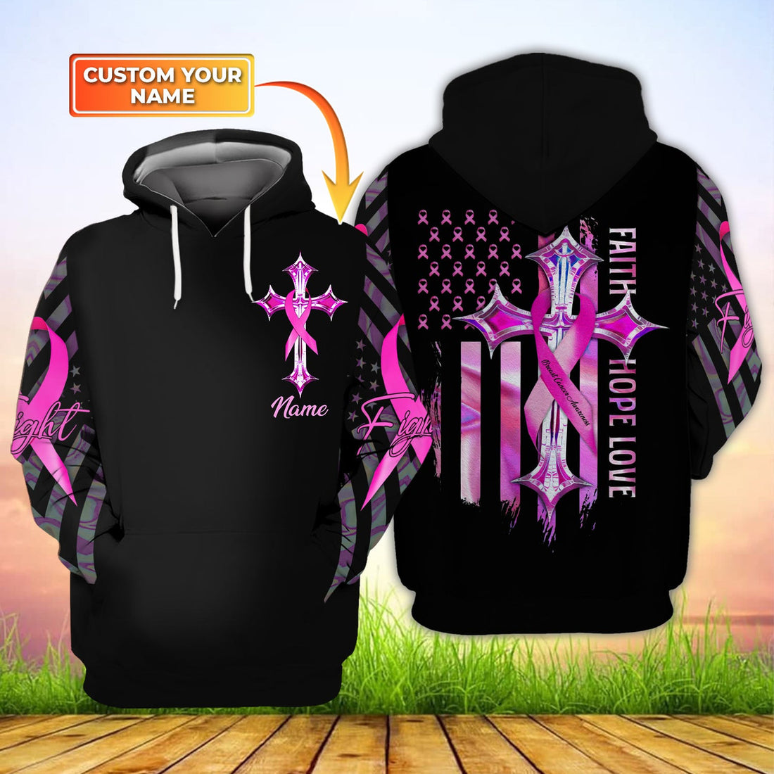 FUNSTUFFPRINT Pink Ribbon Cross - Personalized Name 3D Hoodie and Zip Hoodie