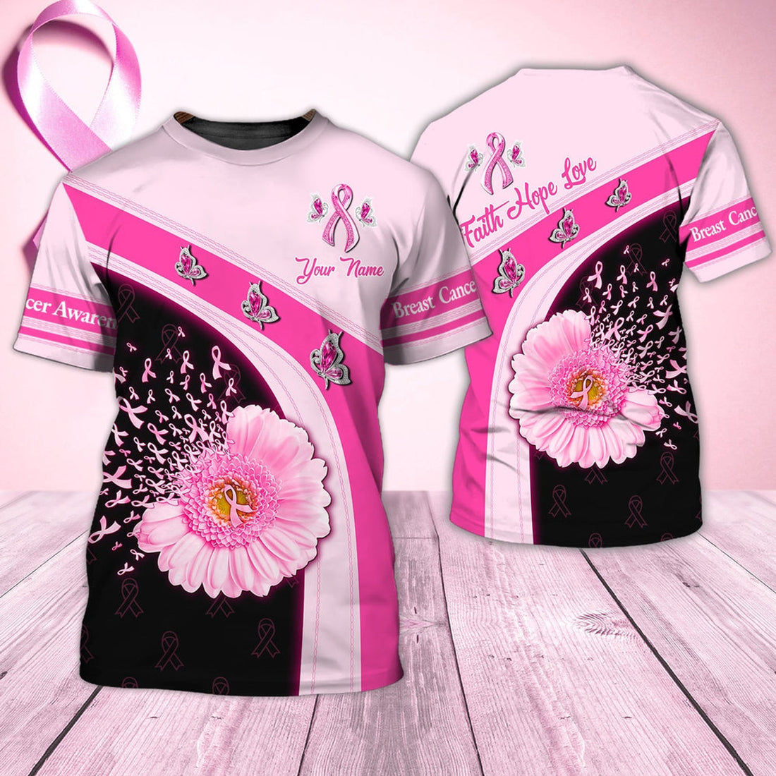 FUNSTUFFPRINT Personalized Name 3D T-Shirt Breast Cancer Awareness 3D T-shirt
