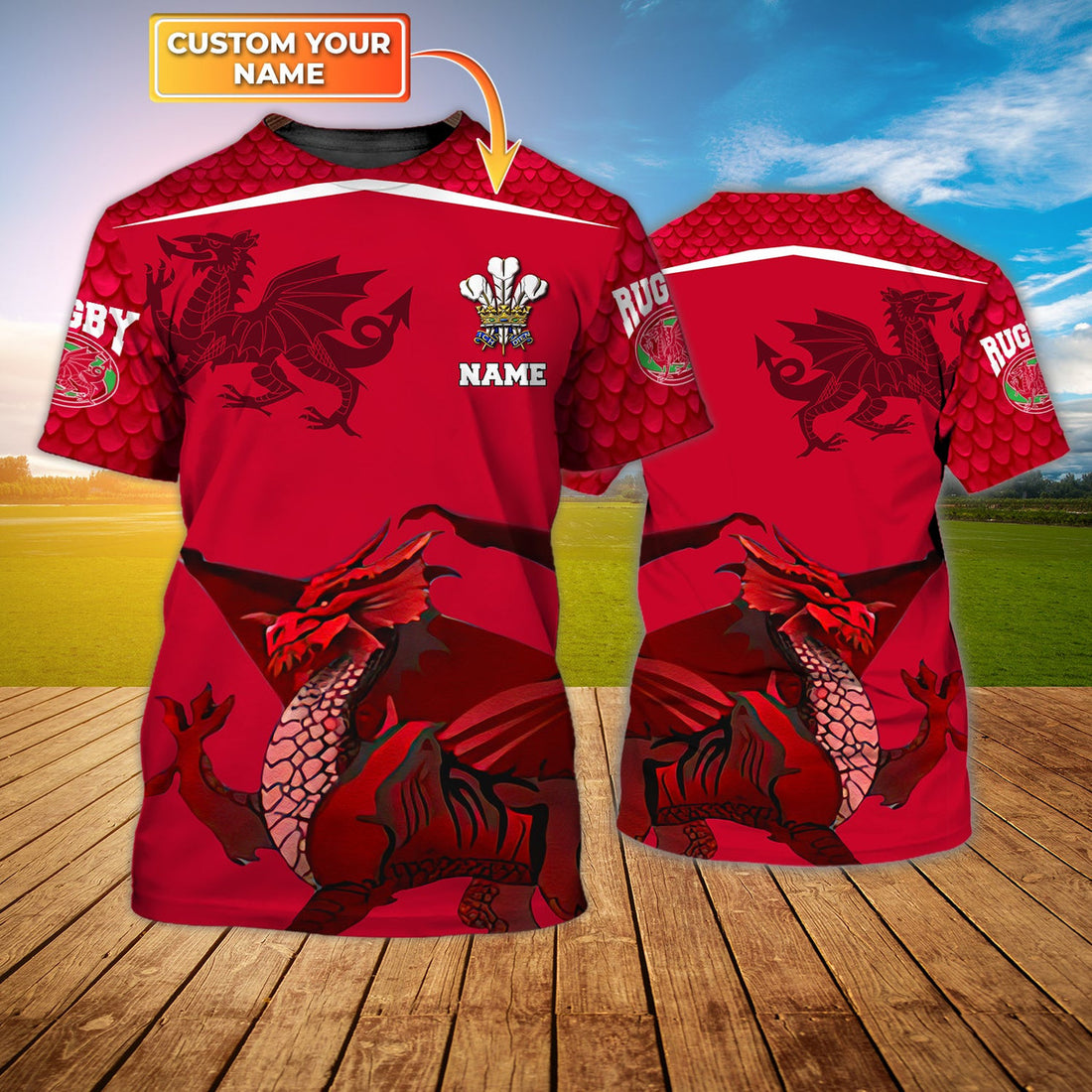 FUNSTUFFPRINT WALES RUGBY - RED DRAGON- Personalized Name 3D T-Shirt
