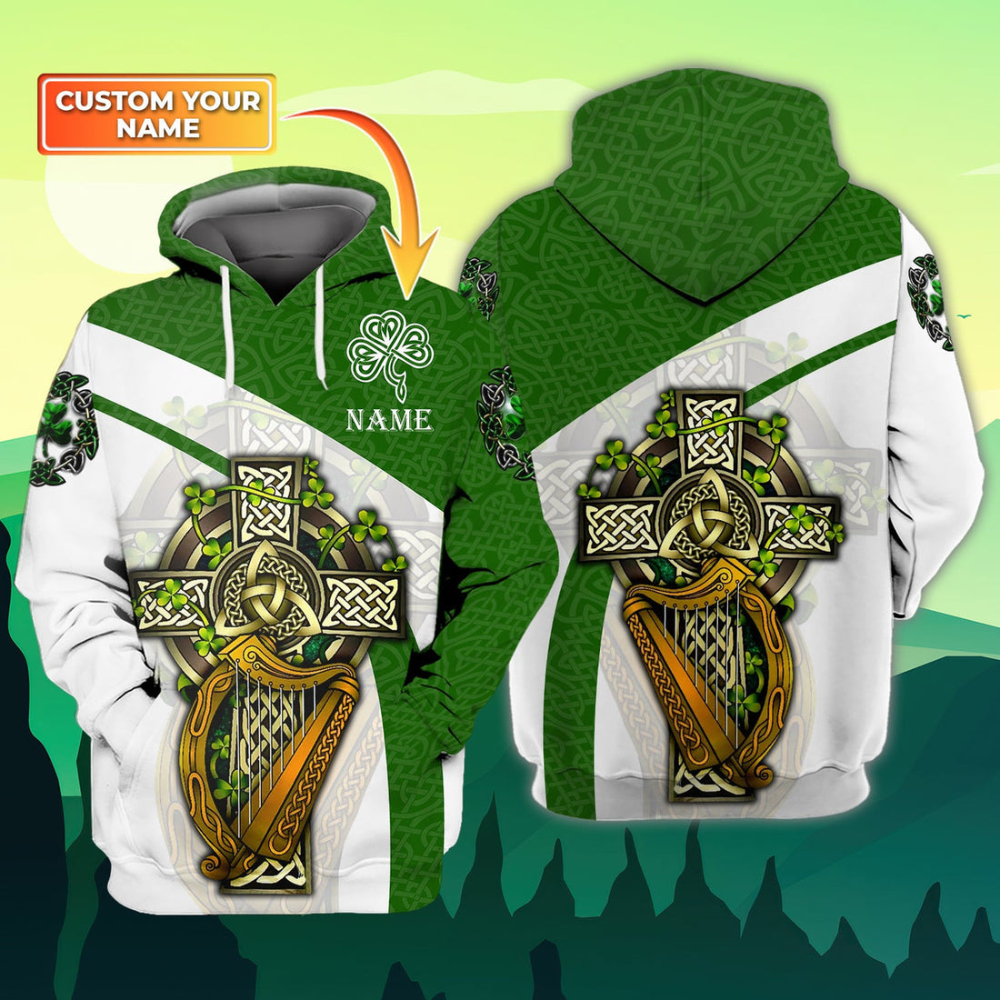 FUNSTUFFPRINT The Irish Celtic Cross - Personalized Name 3D Hoodie and Zip Hoodie