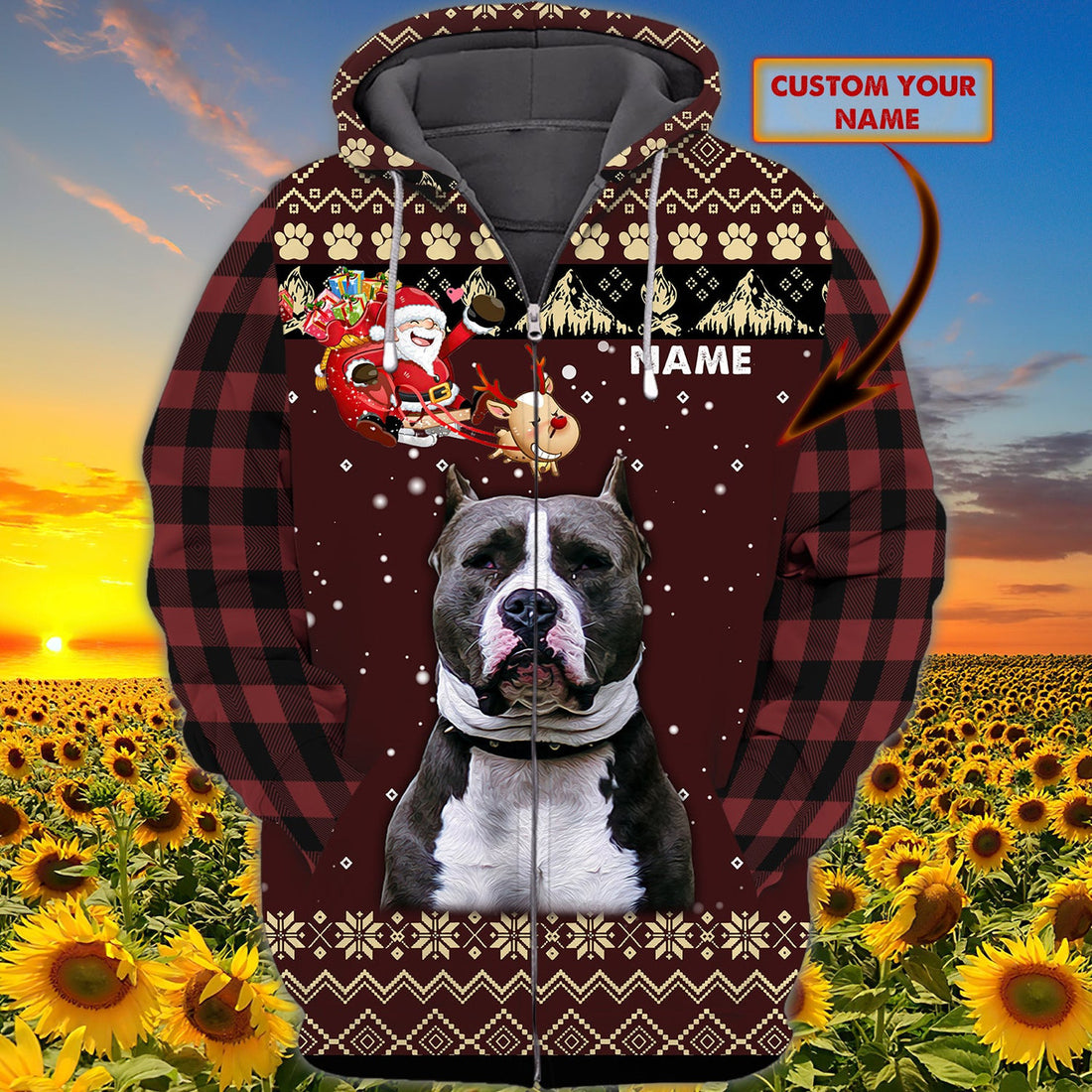 FUNSTUFFPRINT Xmas Pitbull - Personalized Name 3D Hoodie and Zip Hoodie
