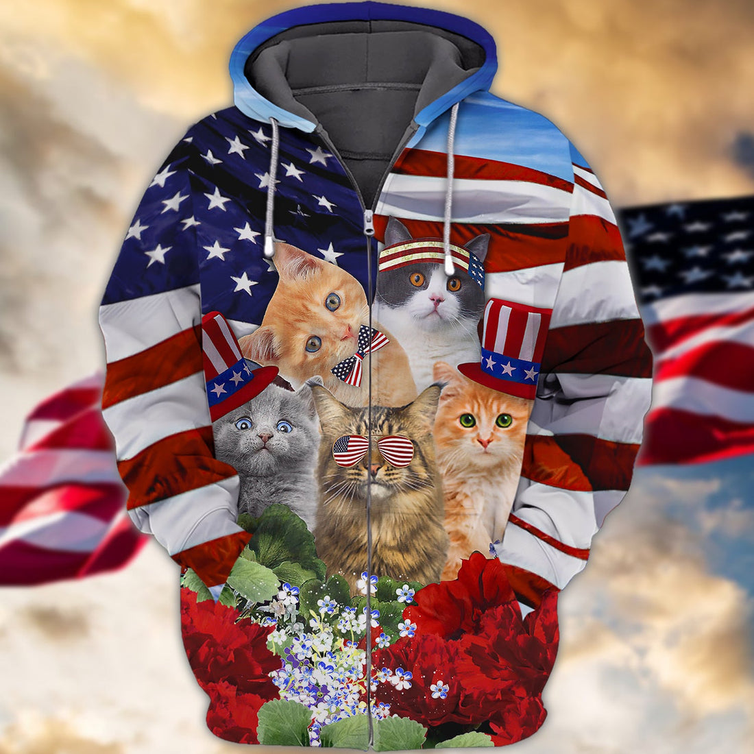 FUNSTUFFPRINT Cat - US Flag 3D Hoodie and Zip Hoodie