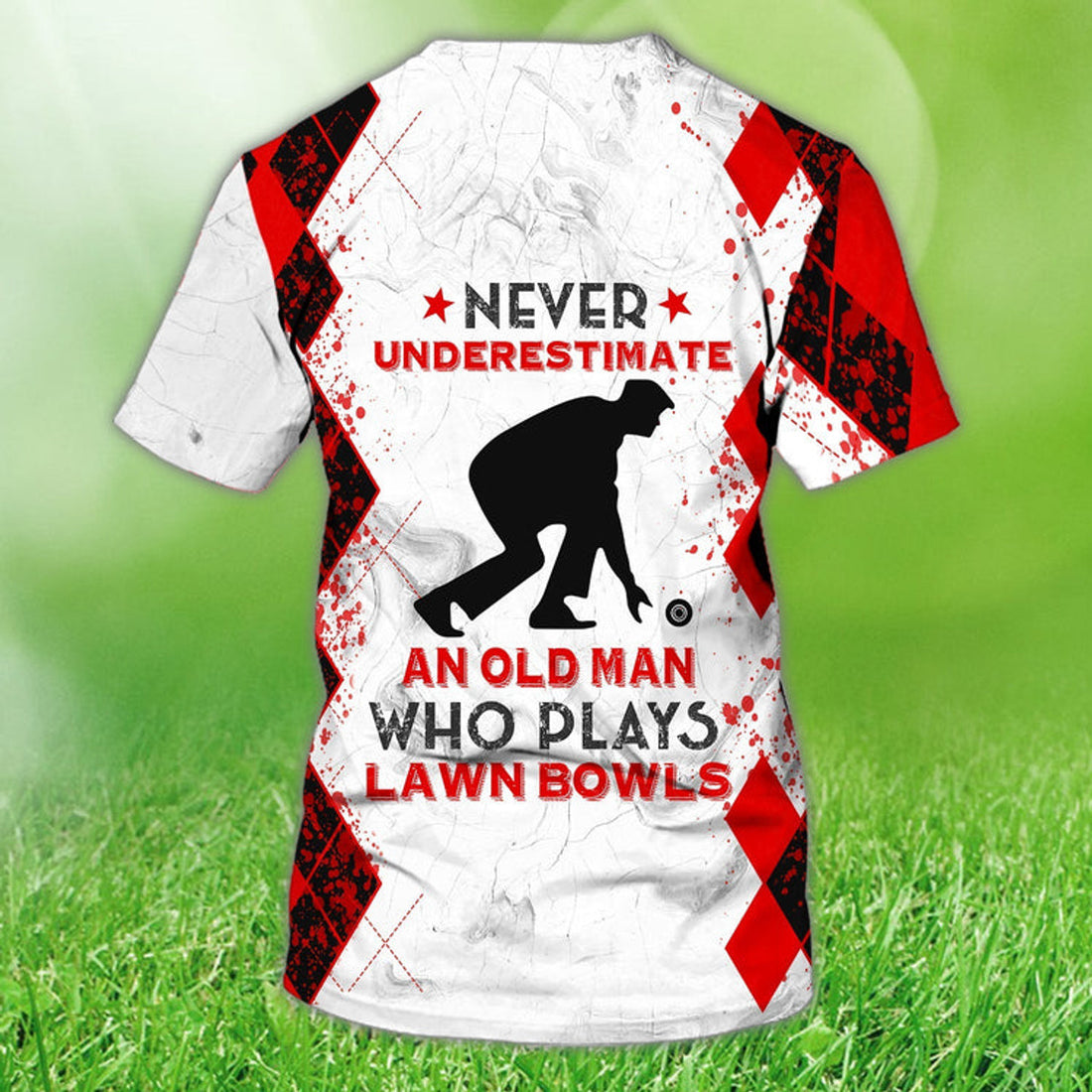 FUNSTUFFPRINT Old Man Plays Lawn Bowls 3D Red T-Shirt For Men Old Men Lawn Bowl Shirt 3D T-shirt