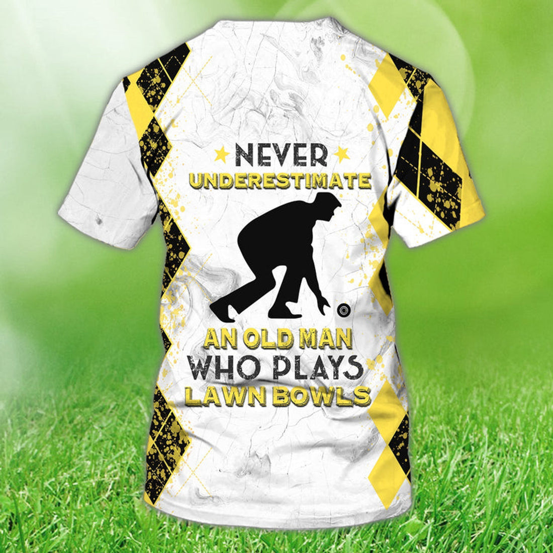 FUNSTUFFPRINT Custom Old Man Plays Lawn Bowls Yellow 3D T-Shirt Lawn Bowl Lovers Gifts 3D T-shirt