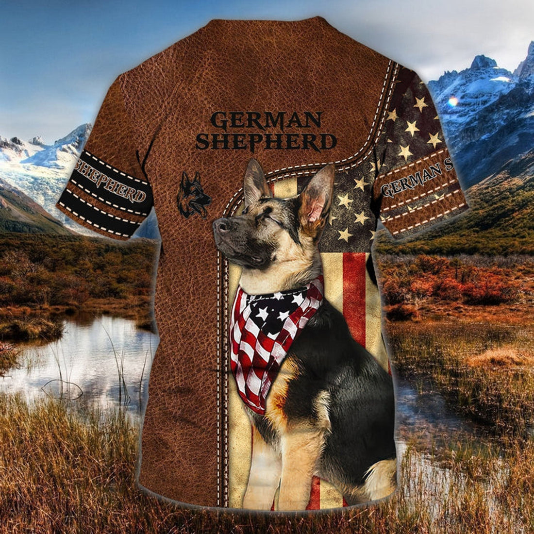 FUNSTUFFPRINT Custom Name 3D T-Shirt For German Shepherd Lovers, Dog Shirt Leather Pattern 3D T-shirt