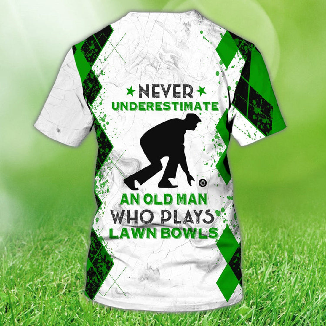 FUNSTUFFPRINT Custom Old Man Plays Lawn Bowls Green T-Shirt Funny Lawnbowl Shirts 3D T-shirt