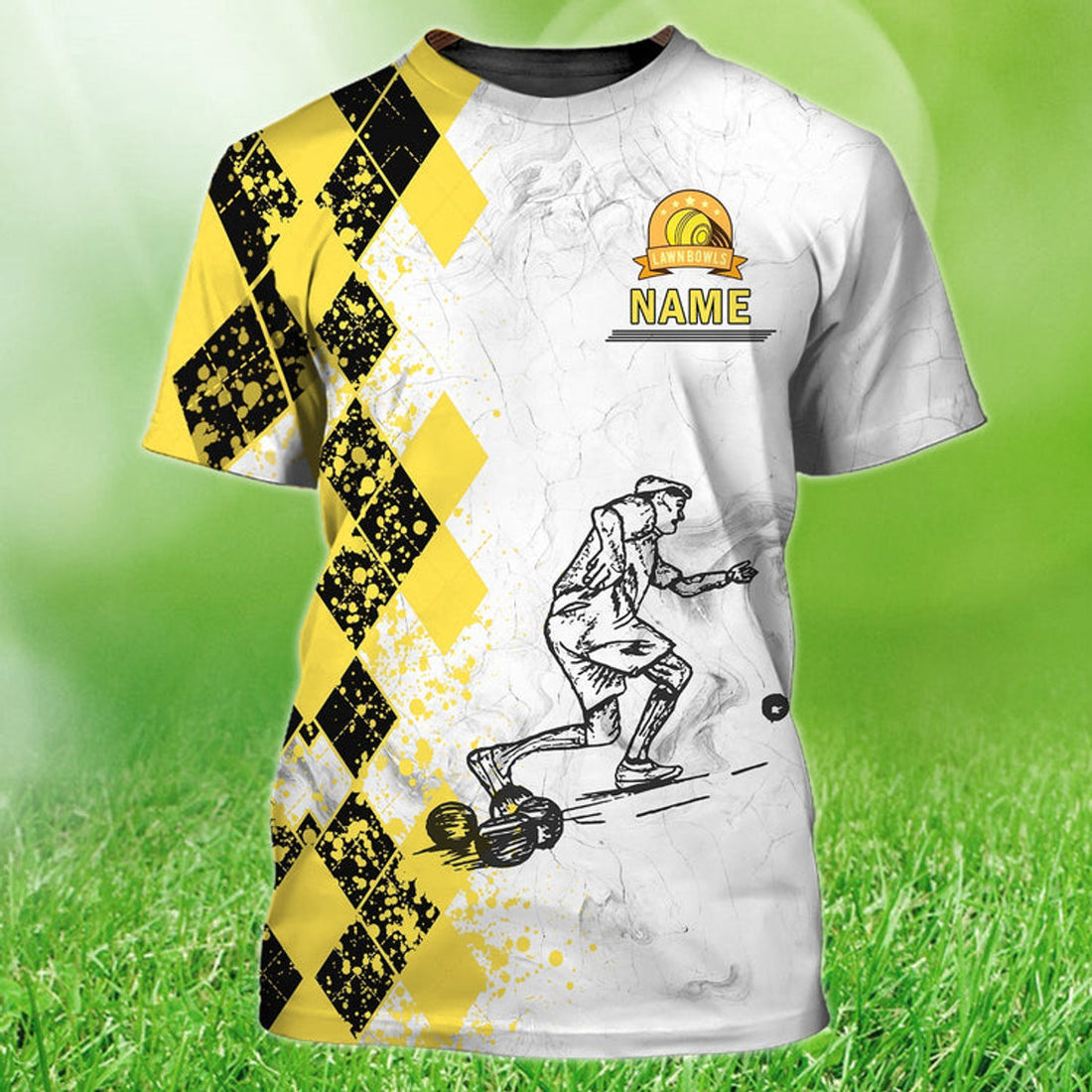 FUNSTUFFPRINT Custom Old Man Plays Lawn Bowls Yellow 3D T-Shirt Lawn Bowl Lovers Gifts 3D T-shirt