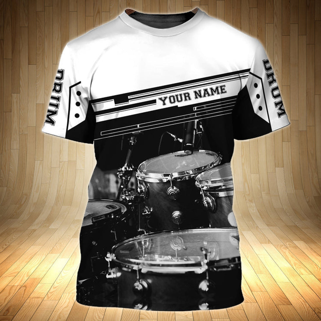 FUNSTUFFPRINT Personalized With Name 3D Shirt Drum Black And White For Drummer, Sublimation Shirts For Drum Lover 3D T-shirt