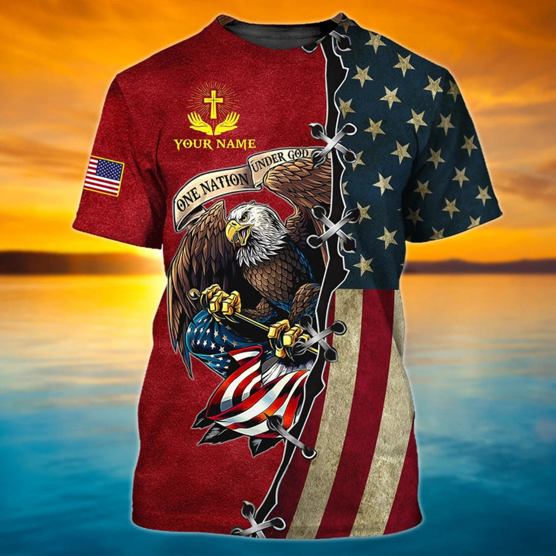 FUNSTUFFPRINT Personalized Jesus Eagle 3D Full PrinT-Shirt 4Th Of July American Independence Day 3D Shirts With Name 3D T-shirt