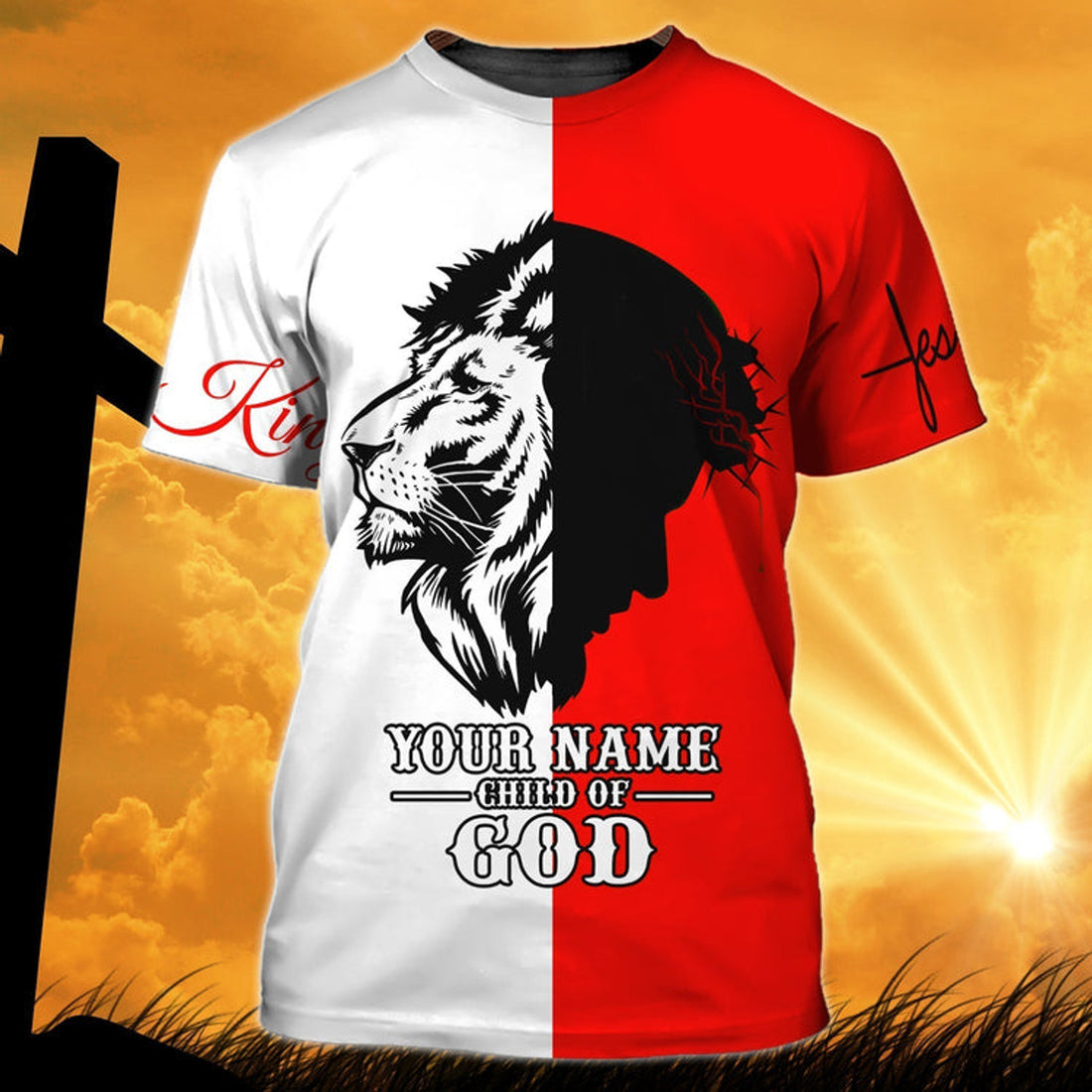 FUNSTUFFPRINT Custom Name Child Of God T-Shirt God And Lion T-Shirt Gift For Christian 3D T-shirt