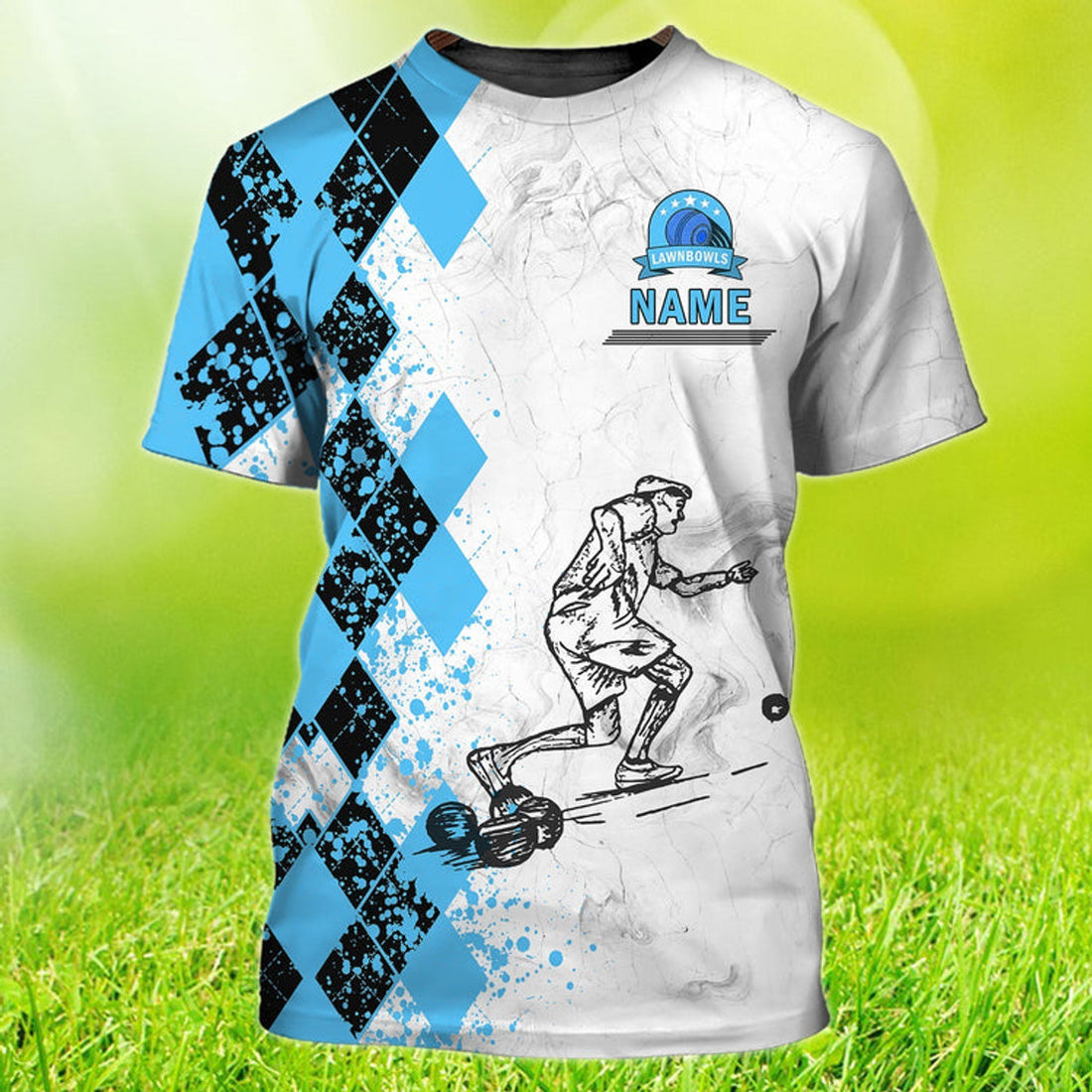 FUNSTUFFPRINT Custom Old Man Plays Lawn Bowls Light Blue 3D T-Shirt Lawnbowl Team Player Uniform 3D T-shirt