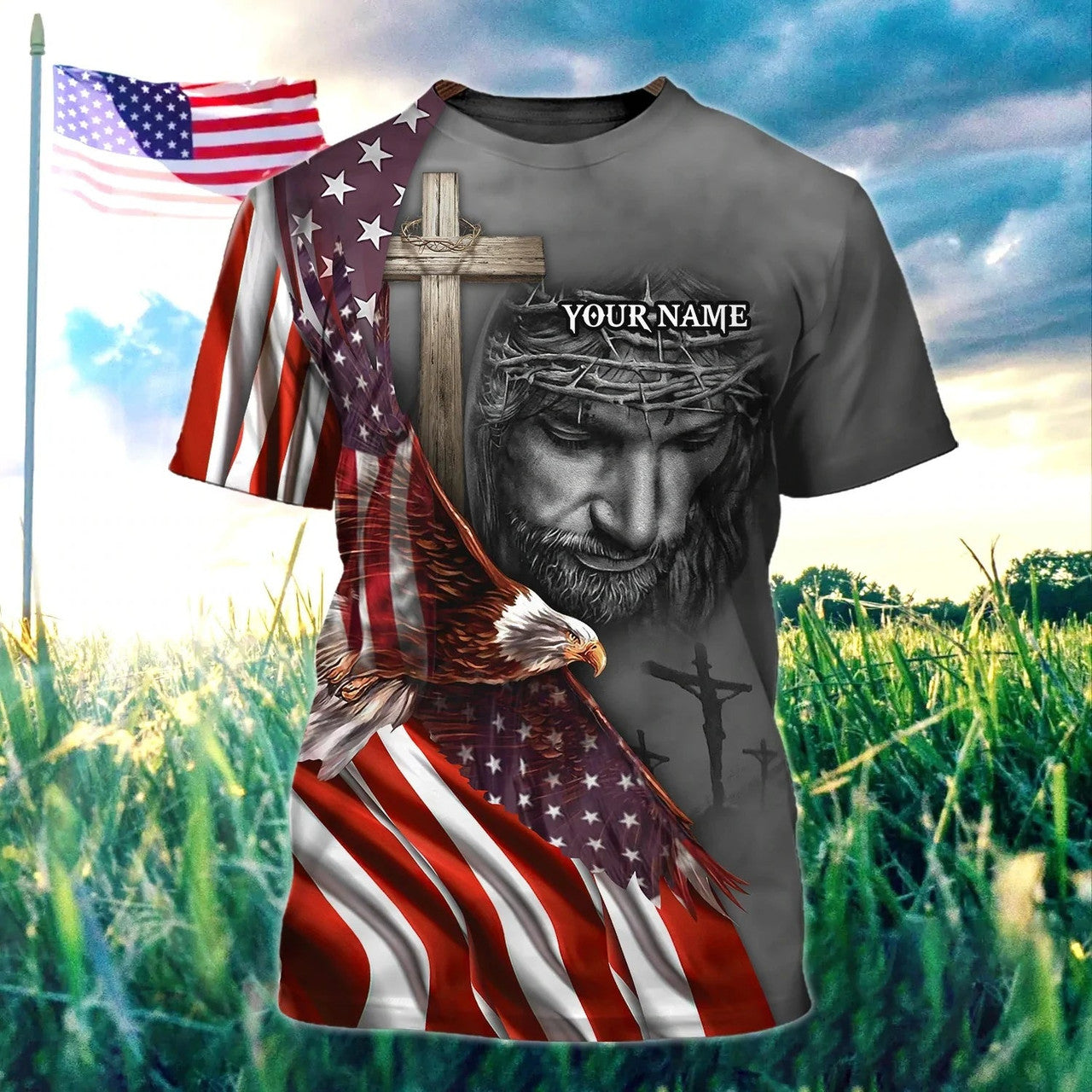 Custom Jesus Eagle 3D Full PrinT-Shirt 4Th Of July American Independence Day