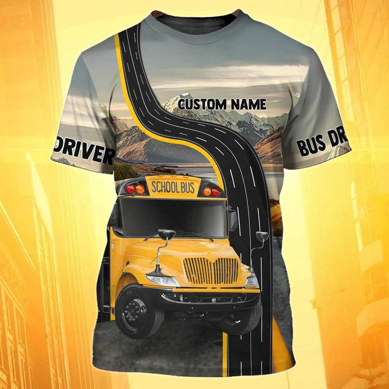 FUNSTUFFPRINT Custom Name 3D All Over Print School Bus T-Shirt Men Women, School Bus Driver Shirt Premium 3D T-shirt