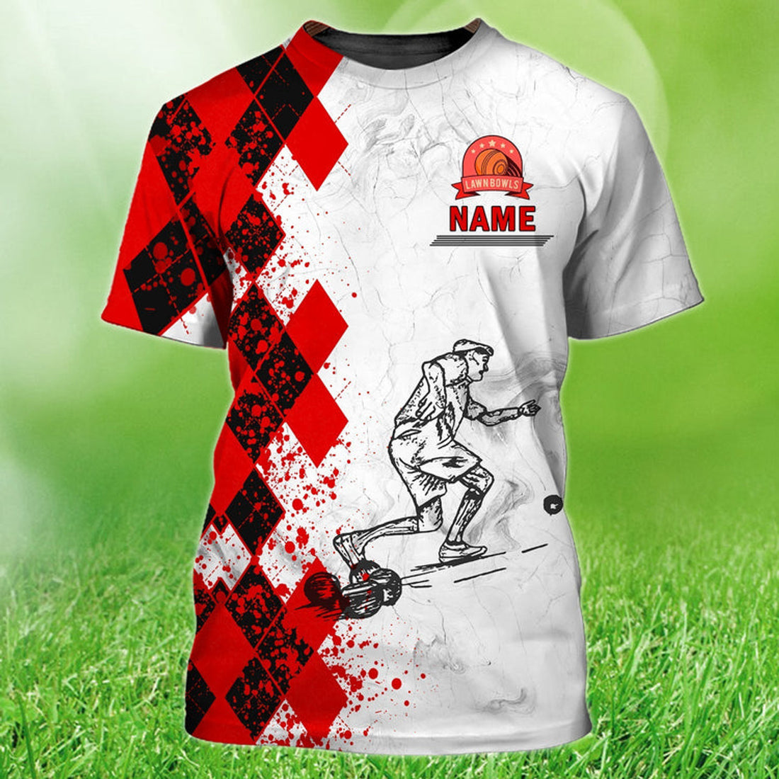 FUNSTUFFPRINT Old Man Plays Lawn Bowls 3D Red T-Shirt For Men Old Men Lawn Bowl Shirt 3D T-shirt