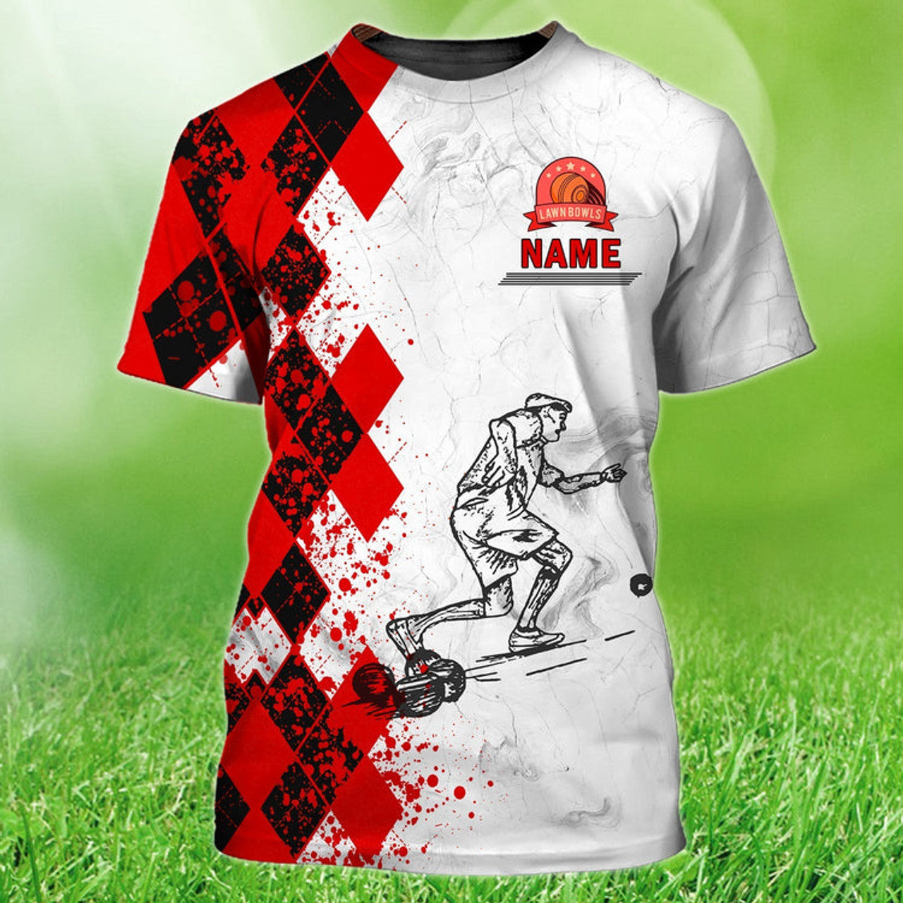 FUNSTUFFPRINT Old Man Plays Lawn Bowls 3D Red T-Shirt For Men Old Men Lawn Bowl Shirt 3D T-shirt