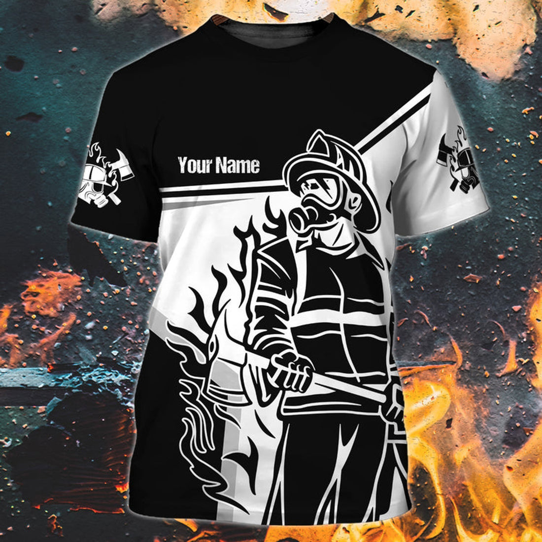 FUNSTUFFPRINT Custom Name Black Sublimation Fire Men Shirt, Firefighter Job T-Shirt, Firefighter Husband Gifts 3D T-shirt