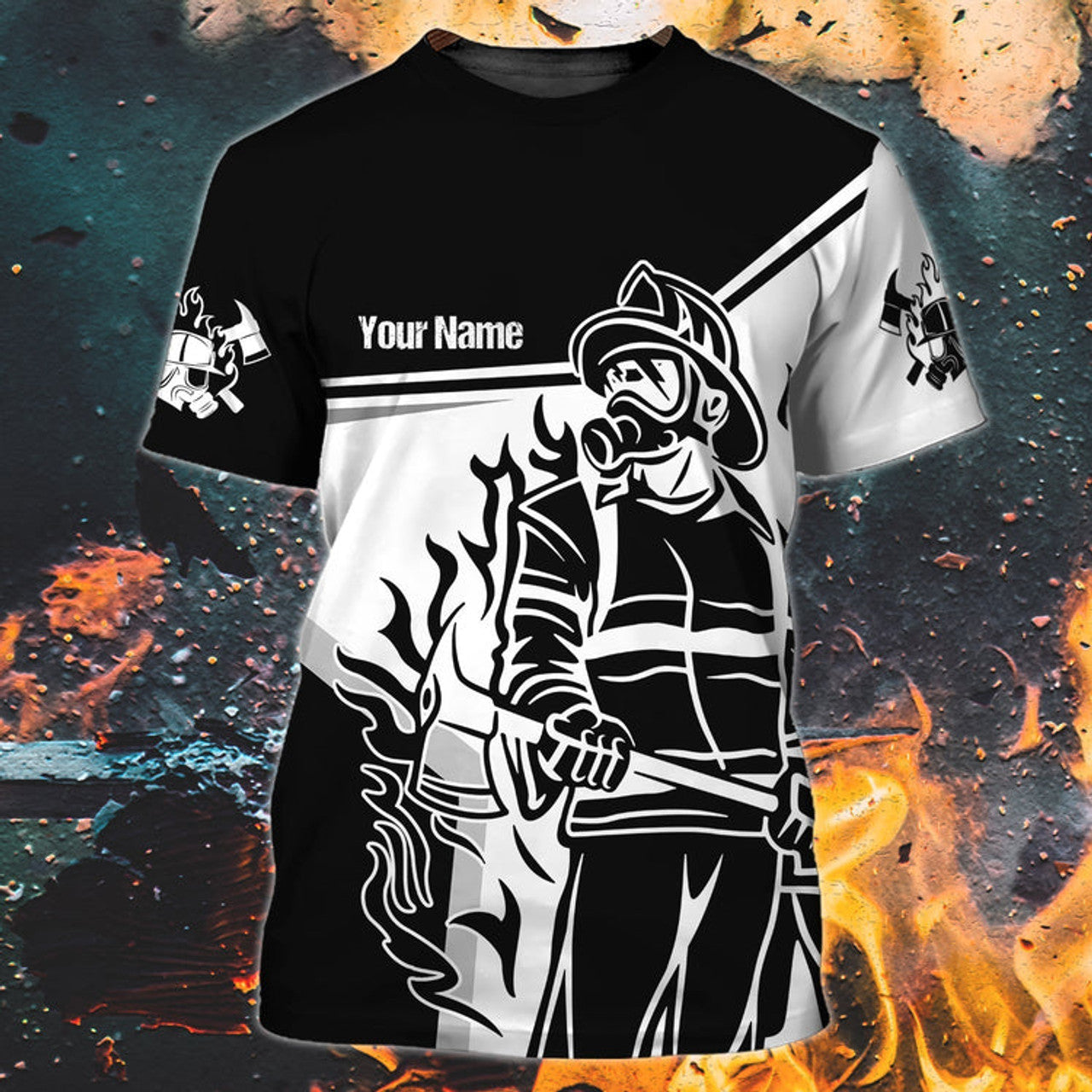 FUNSTUFFPRINT Custom Name Black Sublimation Fire Men Shirt, Firefighter Job T-Shirt, Firefighter Husband Gifts 3D T-shirt