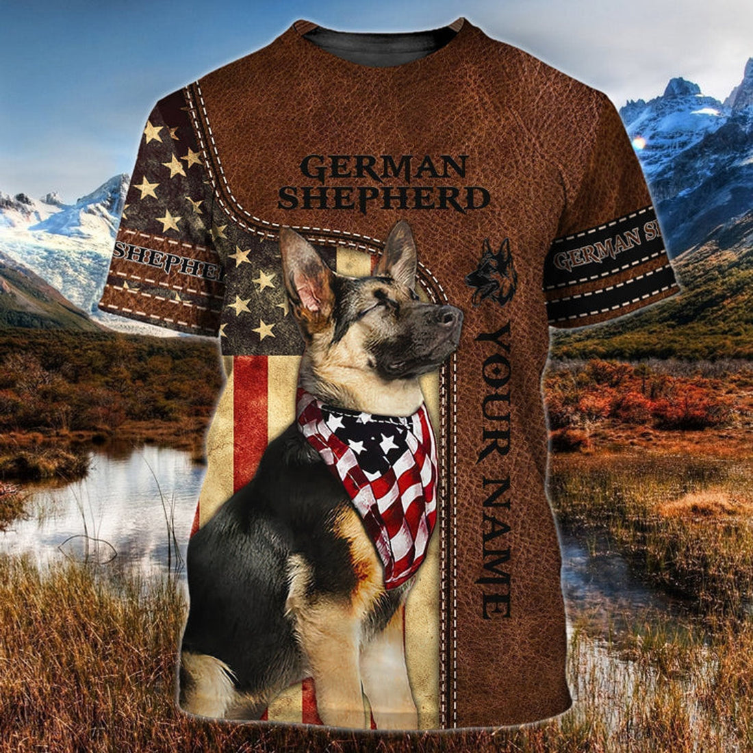 FUNSTUFFPRINT Custom Name 3D T-Shirt For German Shepherd Lovers, Dog Shirt Leather Pattern 3D T-shirt