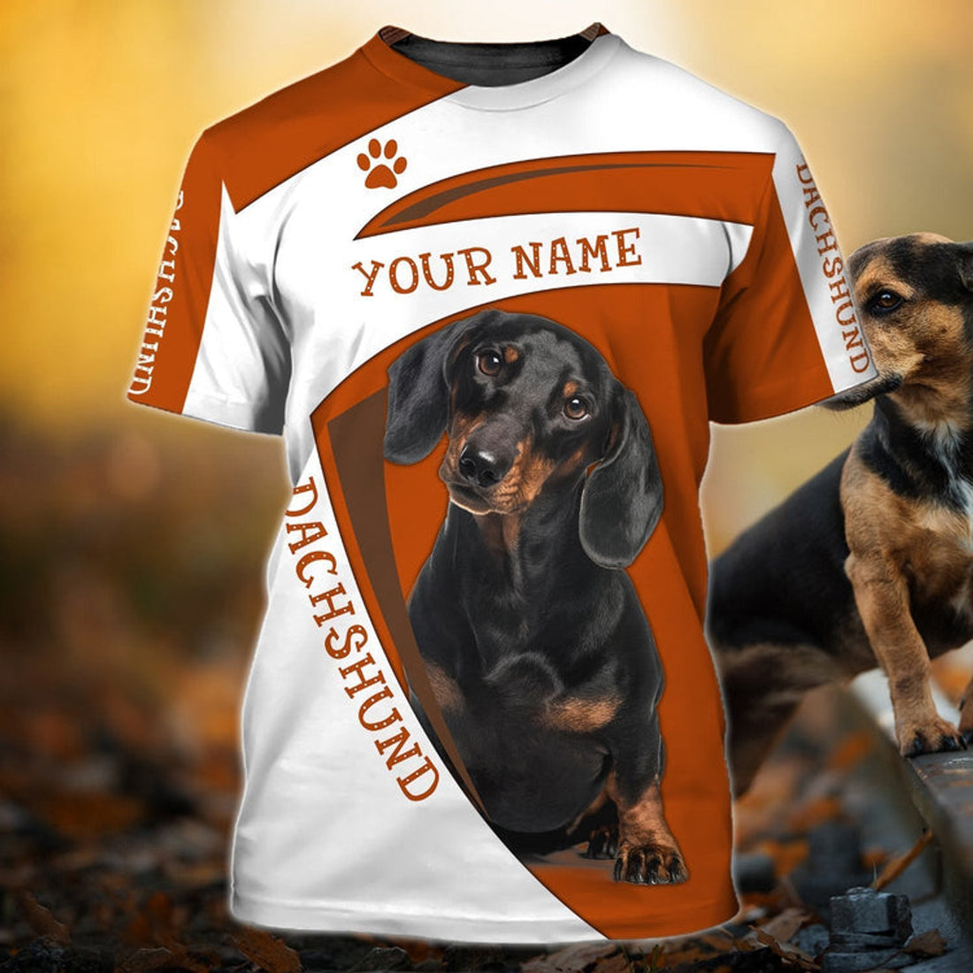 FUNSTUFFPRINT Personalized Name 3D T-Shirt Dachshund Orange Cool Dog Shirts 3D T-shirt