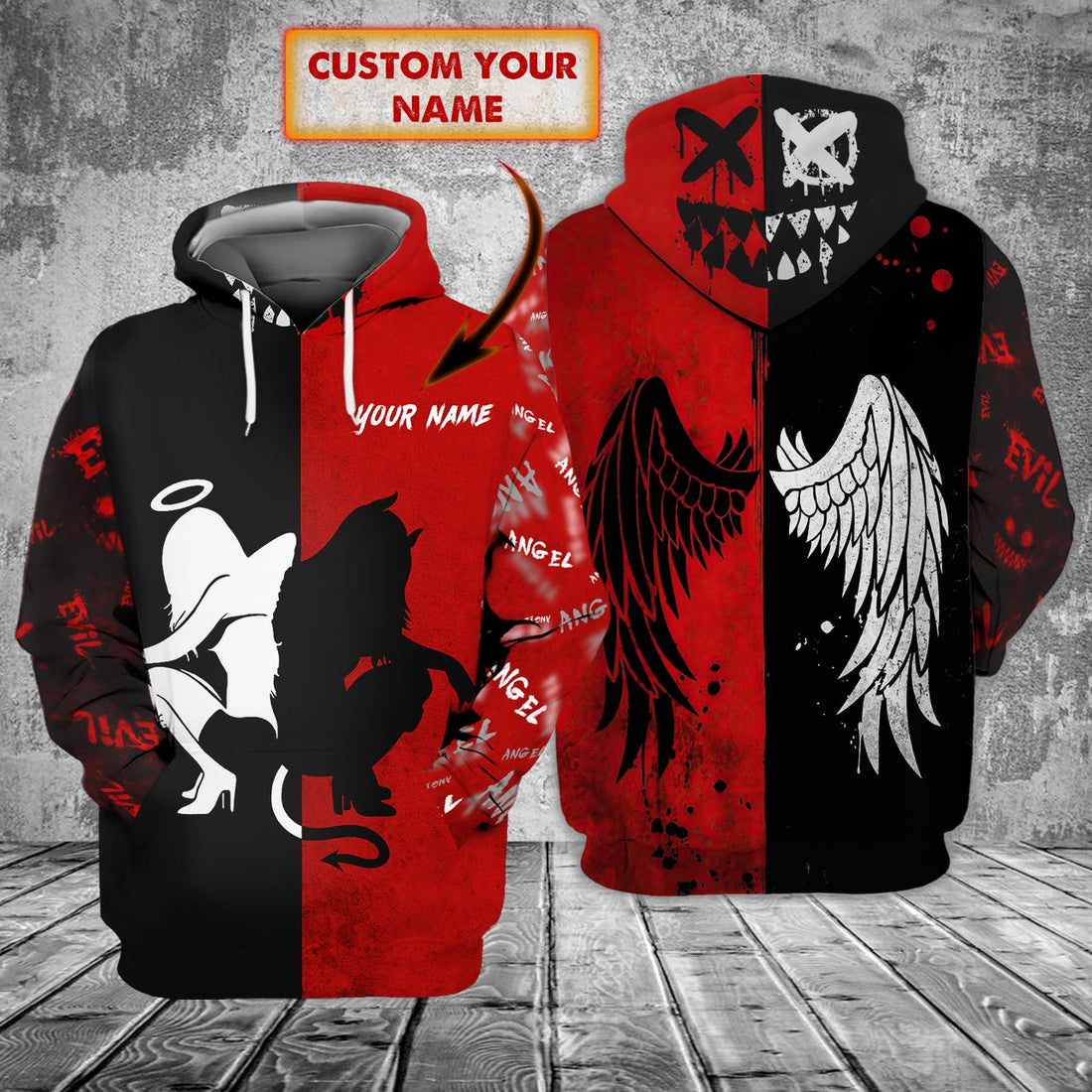 FUNSTUFFPRINT Angel and Evil - Personalized Name 3D Hoodie and Zip Hoodie