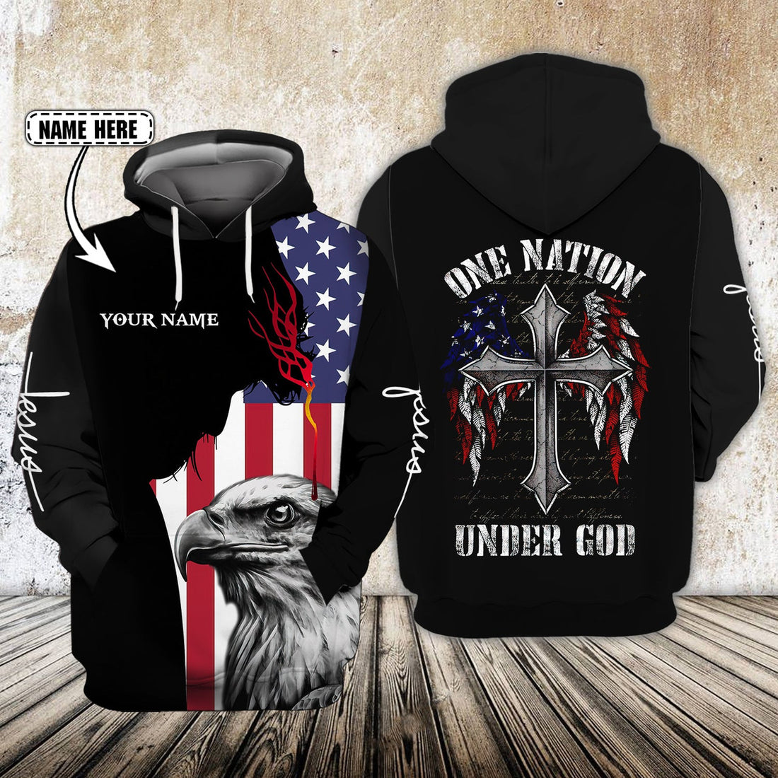 FUNSTUFFPRINT ONE NATION UNDER GOD - Personalized Name 3D Hoodie and Zip Hoodie