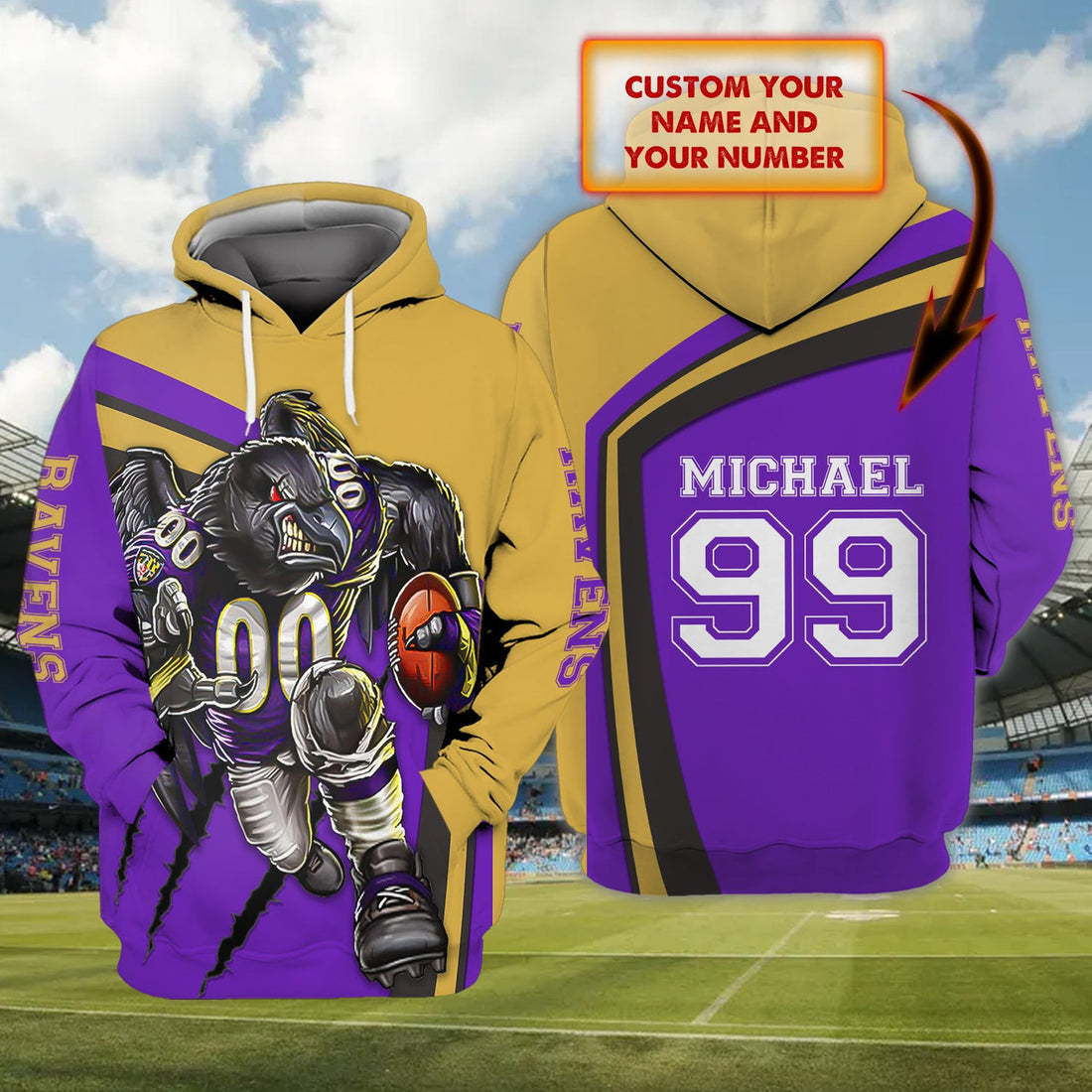 FUNSTUFFPRINT Ravens - Personalized Name - Tad 138 3D Hoodie and Zip Hoodie