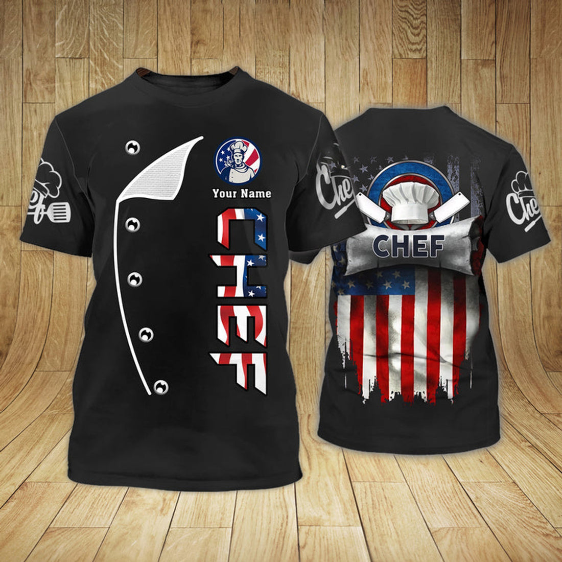 FUNSTUFFPRINT Personalized American Chef T-Shirt, 3D All Over Printed Chef Shirt Usa Flag Pattern, Chef Shirt 3D T-shirt