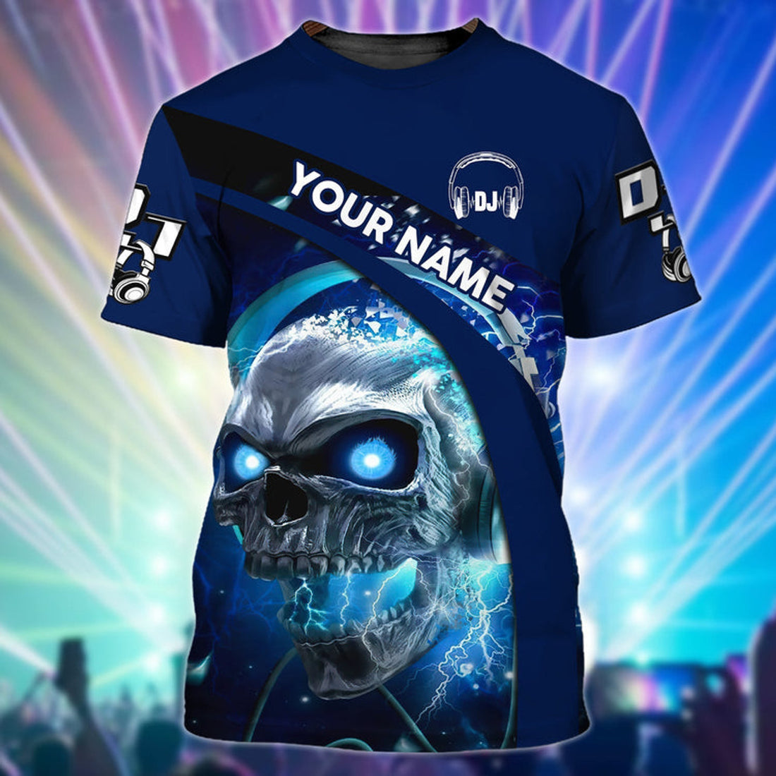 FUNSTUFFPRINT Customized Blue Skull Dj T-Shirt, Men's Dj Shirt, Dj Lover Gift 3D T-shirt