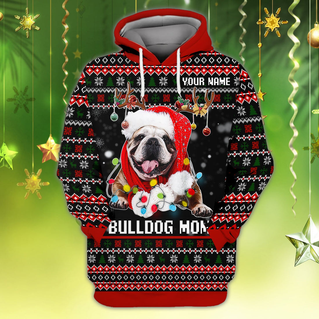 FUNSTUFFPRINT Xmas English Bulldog - Personalized Name 3D Hoodie and Zip Hoodie