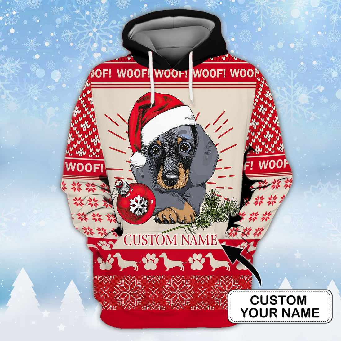 FUNSTUFFPRINT Xmas Dachshund - Personalized Name 3D Hoodie and Zip Hoodie