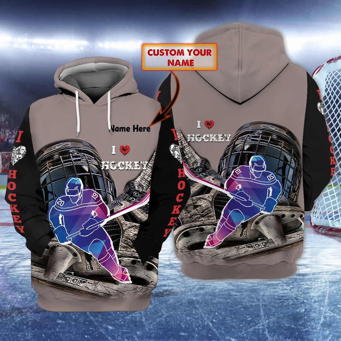 FUNSTUFFPRINT Hockey - Personalized Name 3D Hoodie and Zip Hoodie
