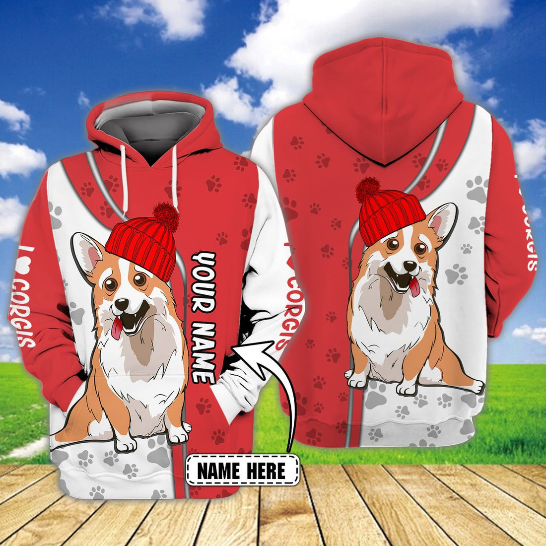 FUNSTUFFPRINT Personalized Name-I love corgis 3D Hoodie and Zip Hoodie