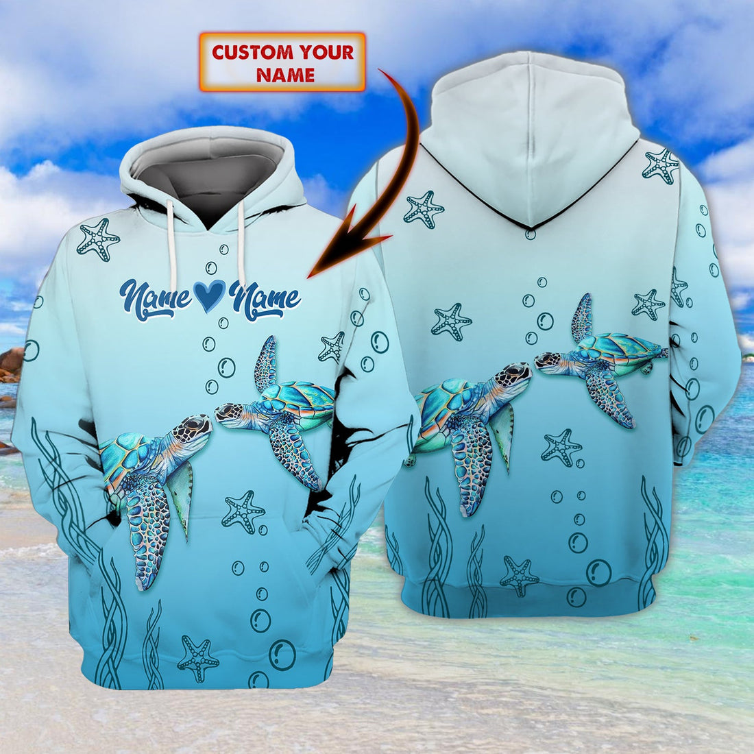 FUNSTUFFPRINT Personalized Name - Turtle Couple 3D Hoodie and Zip Hoodie