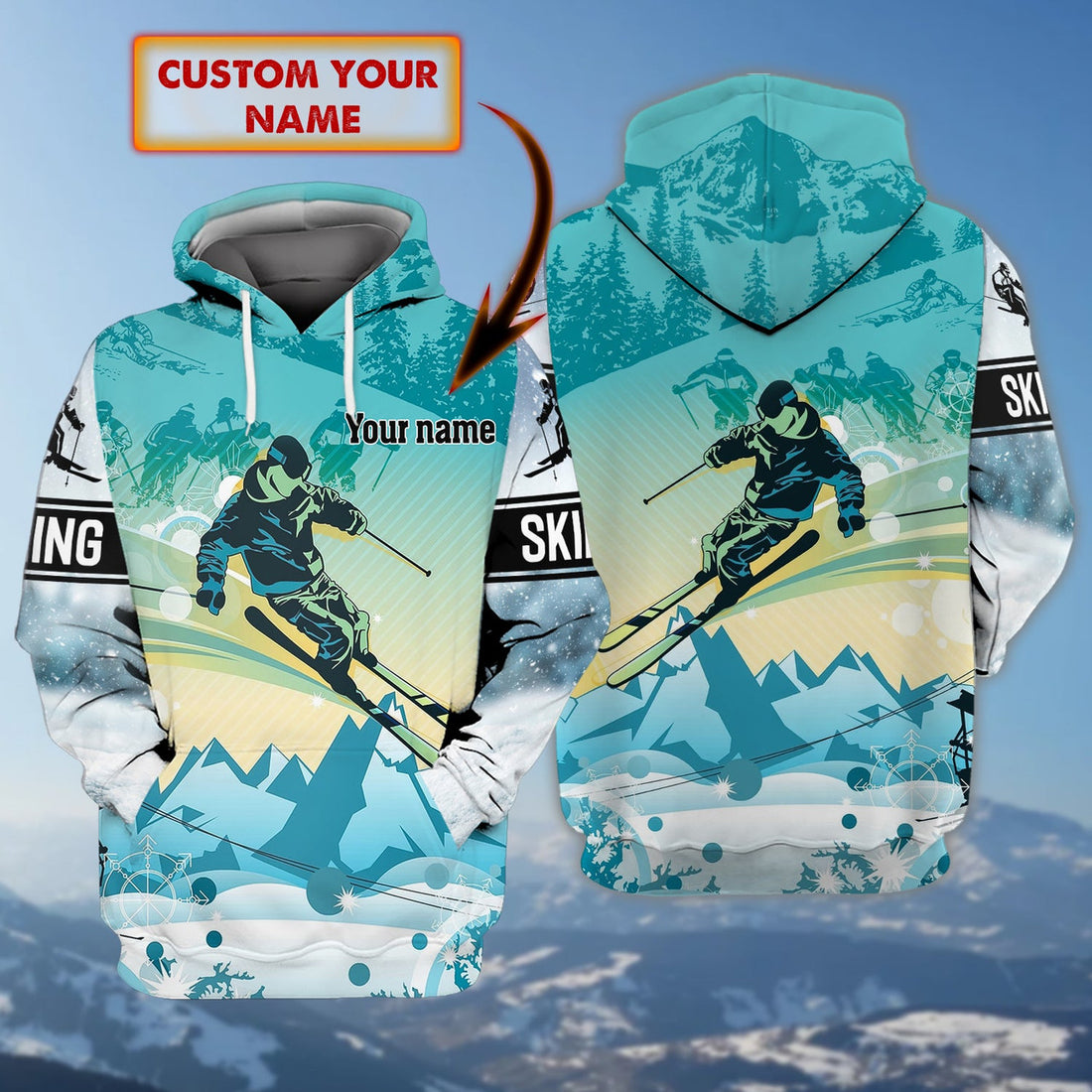 FUNSTUFFPRINT Skiing- Personalized Name -Loop 3D Hoodie and Zip Hoodie