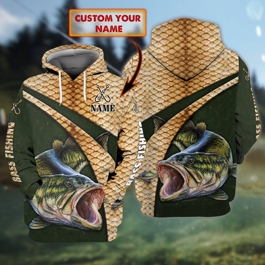 FUNSTUFFPRINT Bass Fishing 02- Personalized Name 3D Hoodie and Zip Hoodie