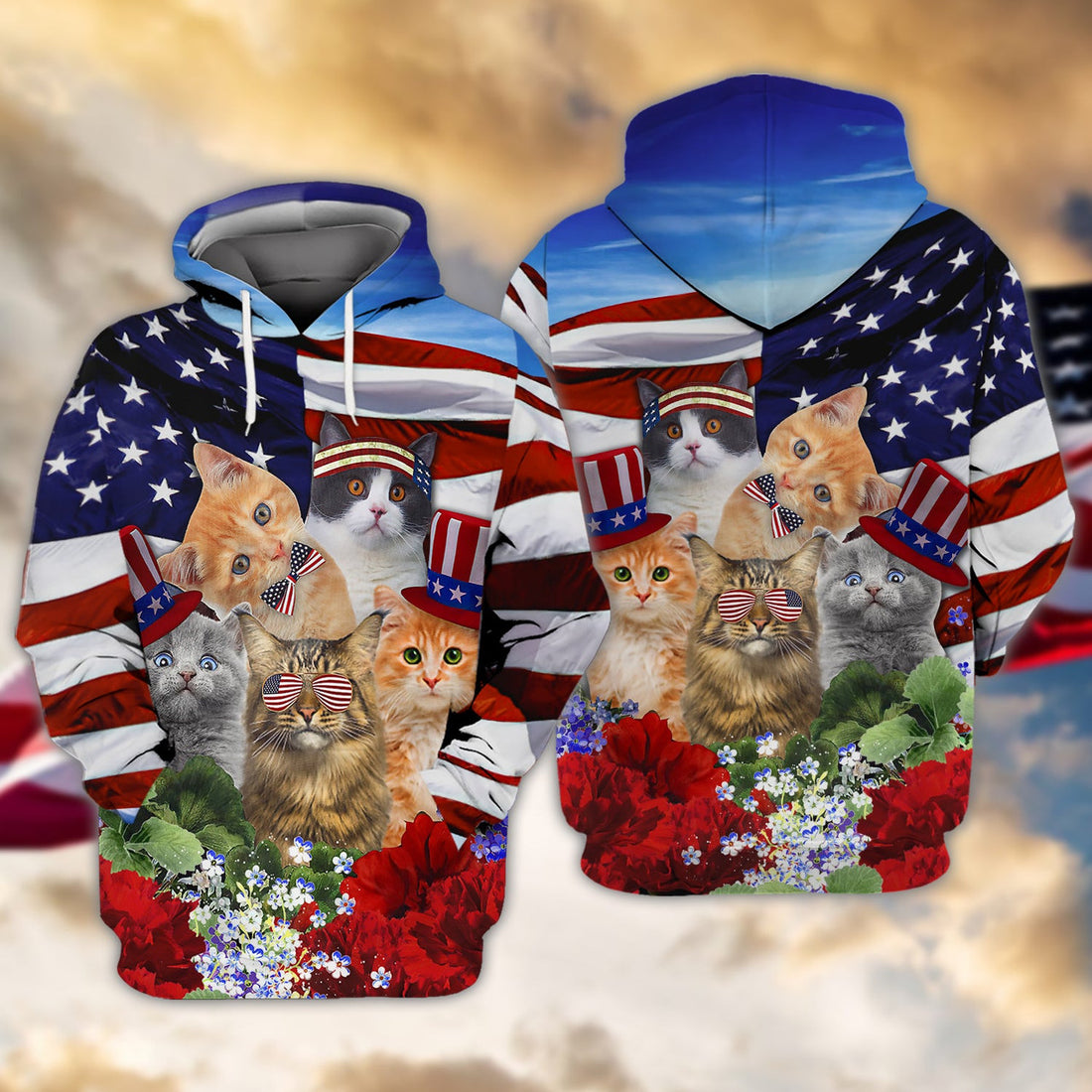 FUNSTUFFPRINT Cat - US Flag 3D Hoodie and Zip Hoodie