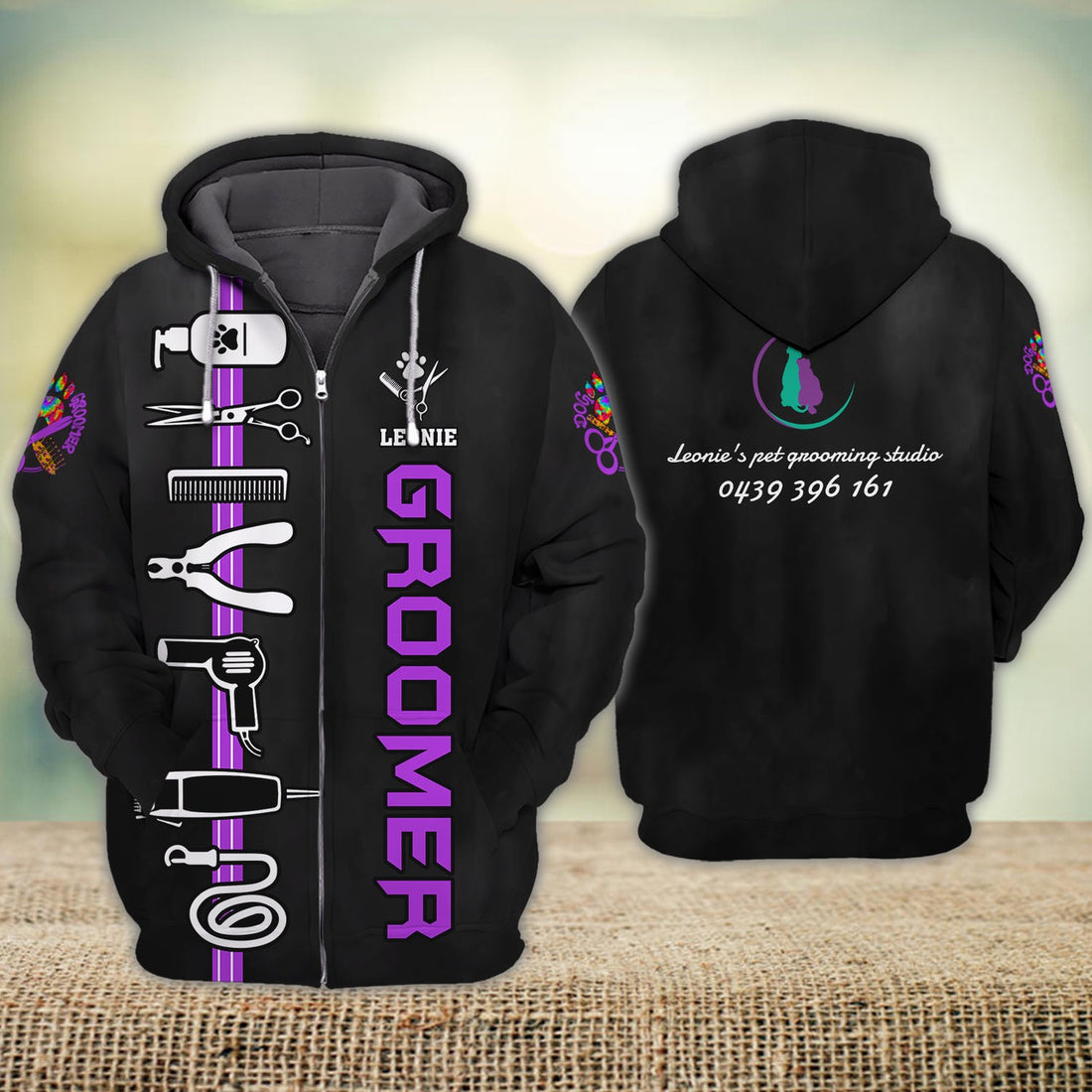 FUNSTUFFPRINT Custom Leonie Poodle Purple Bather Groomer Dog Groomer Cat 3D Hoodie and Zip Hoodie