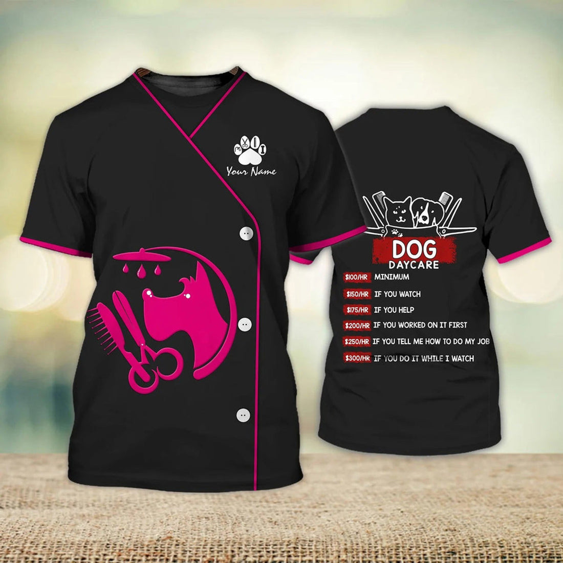 FUNSTUFFPRINT Custom Dog Groomer 3D Shirt Men Women Dog Day Care Groomer Pet Groomer Uniform Pink Salon 3D T-shirt