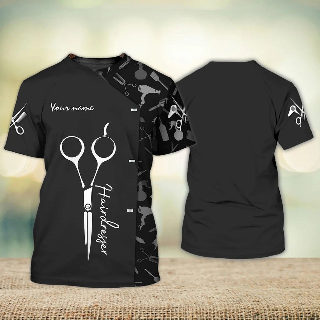 FUNSTUFFPRINT Personalized 3D Barber T-Shirt Hairdresser Stylist Hairdresser Uniform Black 3D T-shirt