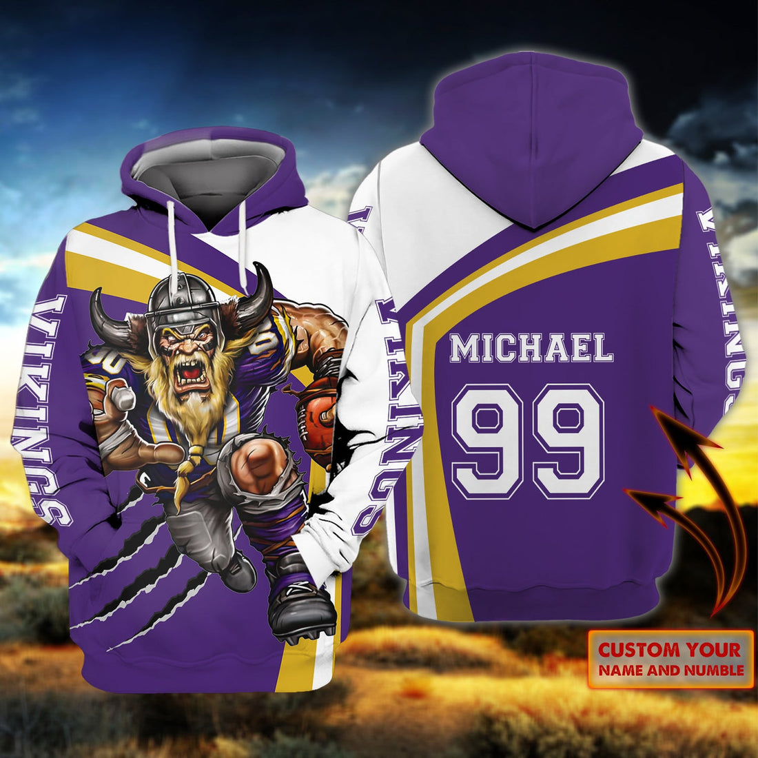 FUNSTUFFPRINT Vikings - Personalized Name- Tad 139 3D Hoodie and Zip Hoodie
