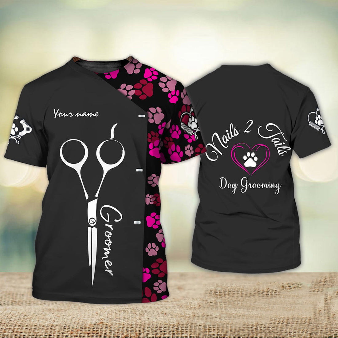 FUNSTUFFPRINT Custom Grooming Shirt Nails 2 Tails Dog Groomer Pet Groomer Uniform Pink Salon Pet 3D T-shirt
