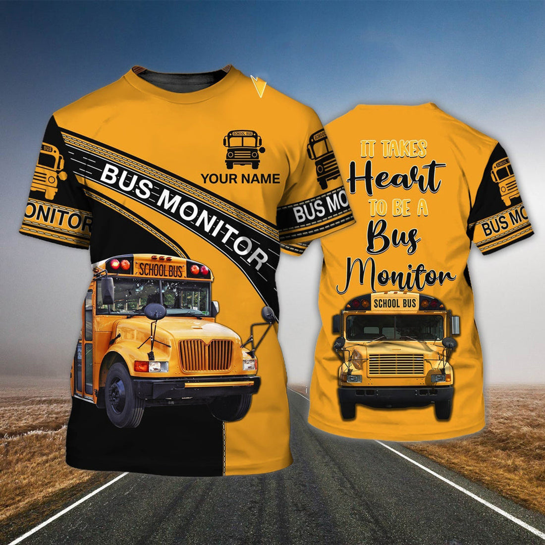 FUNSTUFFPRINT Personalized 3D Yellow Bus Monitor Shirt School Bus T-Shirt For Men Women 3D T-shirt