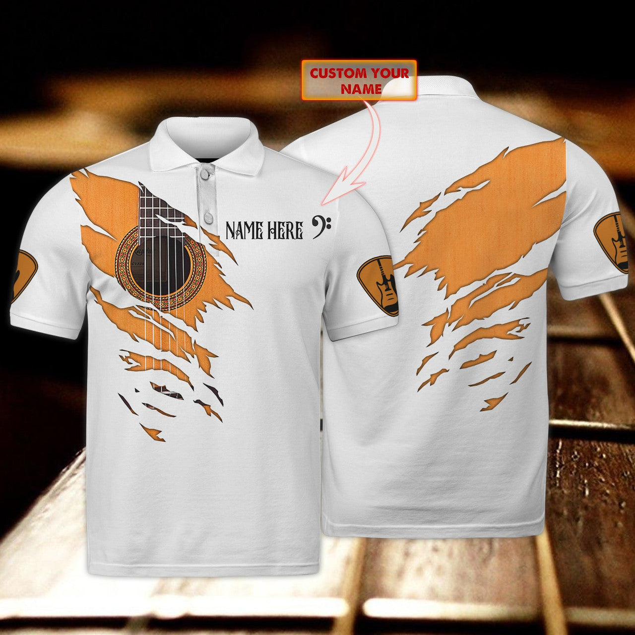 FUNSTUFFPRINT Guitar - Personalized Name 3D Polo Shirt