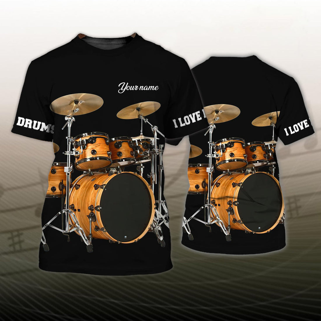 FUNSTUFFPRINT Custom I Love Drum 3D T-Shirt Sumlimation Drum On Black Shirt Gift For Drummer 3D T-shirt