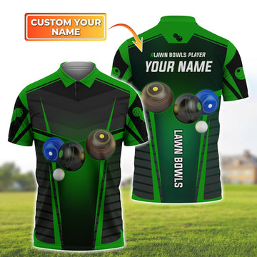 FUNSTUFFPRINT Lawn Bowls S10 (Green Ver) Personalized Name 3D Polo Shirt