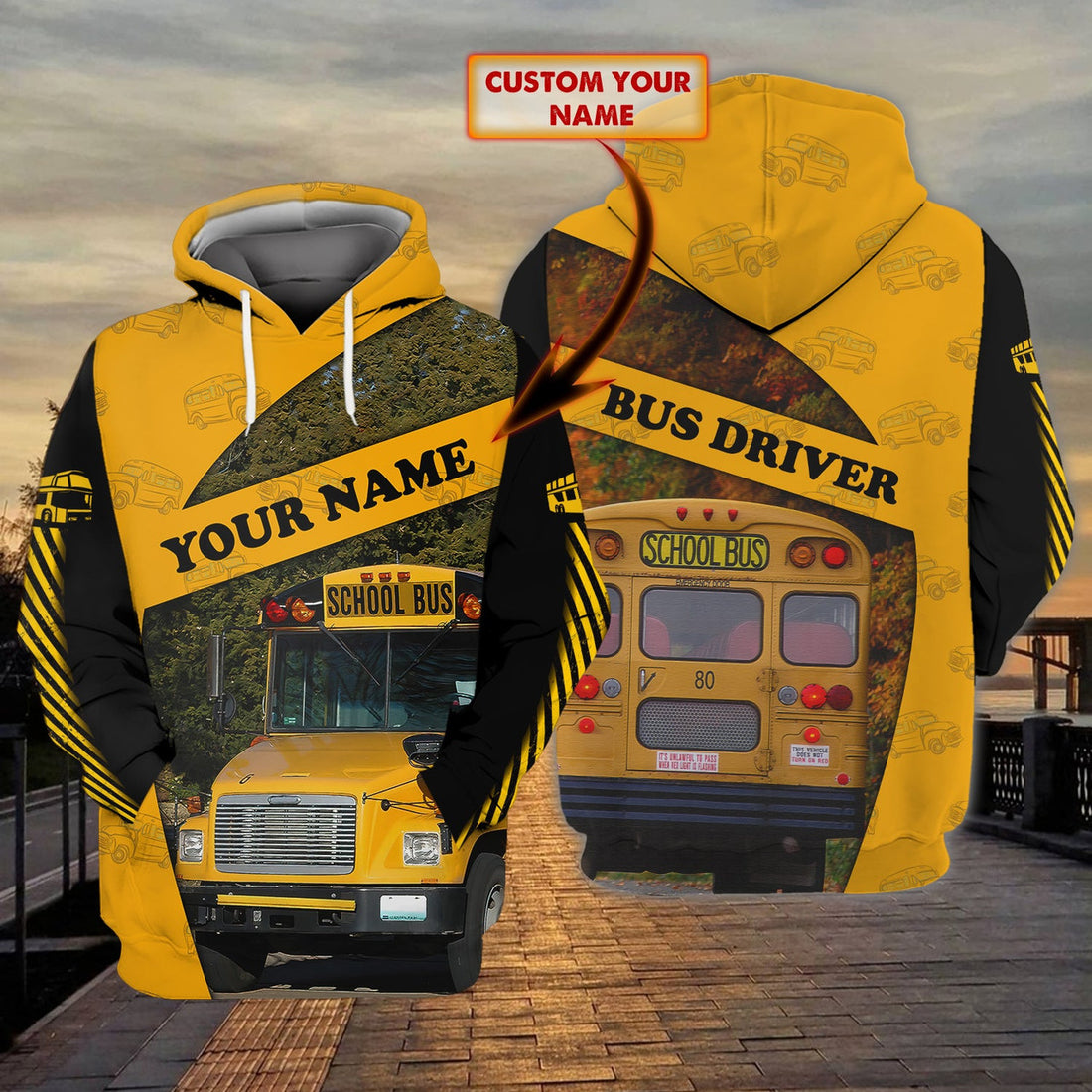 FUNSTUFFPRINT School Bus 02 - Personalized Name 3D Hoodie and Zip Hoodie