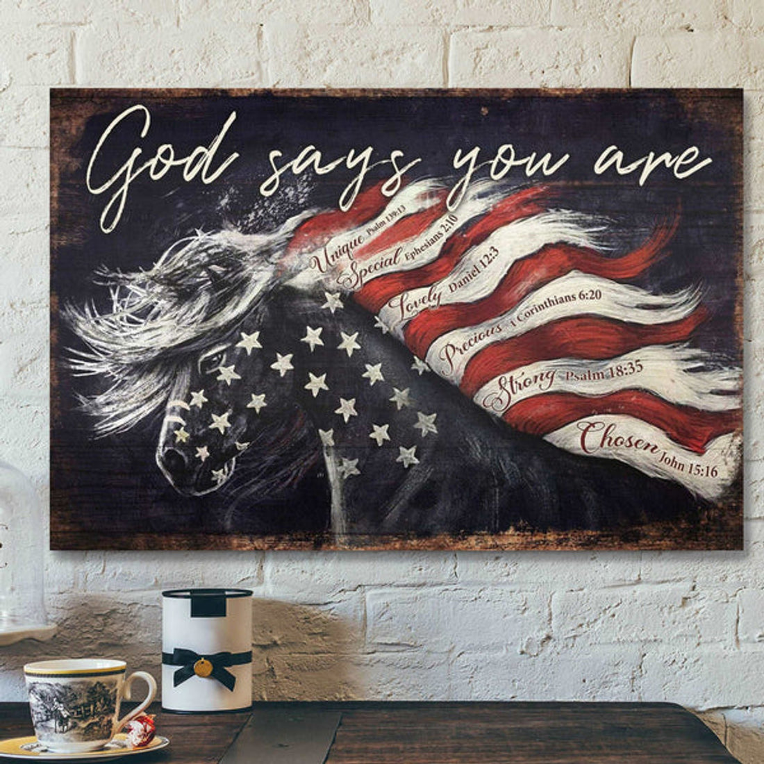 Amazing Horse And Flag - God Says You Are - Bible Verse Canvas - Scripture Canvas Wall Art
