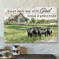 Angus Cows - Start Each Day With God Grace And Gratitude - Bible Verse Canvas - Scripture Canvas Wall Art